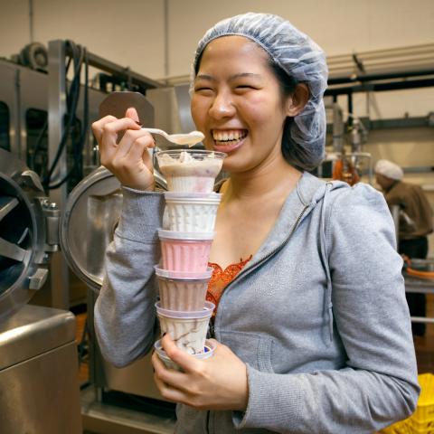 international student worker at Cornell Dairy, tasting ice cream