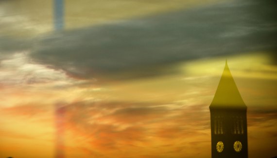 Cornell clock tower at sunset