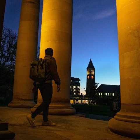 Student walking towards the Arts Quad
