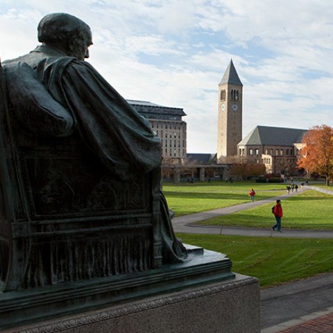 View from statue of A.D. White of the Arts Quad in fall